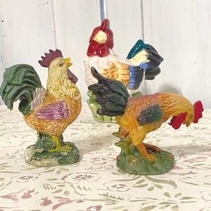 Rooster Bundle Alco Ceramic Small Utensil Holder 2 Resin Rooster Figurines VTG